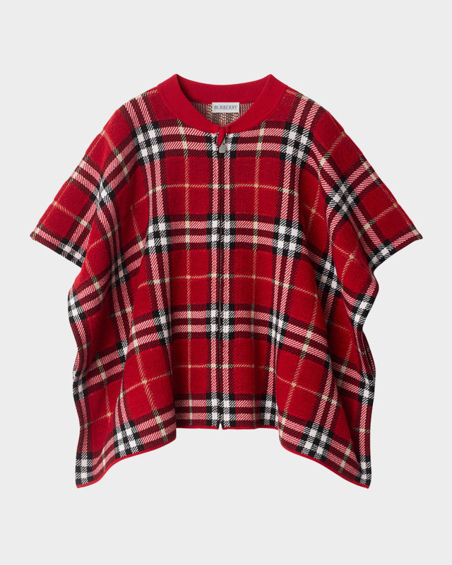 Girl's Grela Wool-Blend Check Cape, Size M-